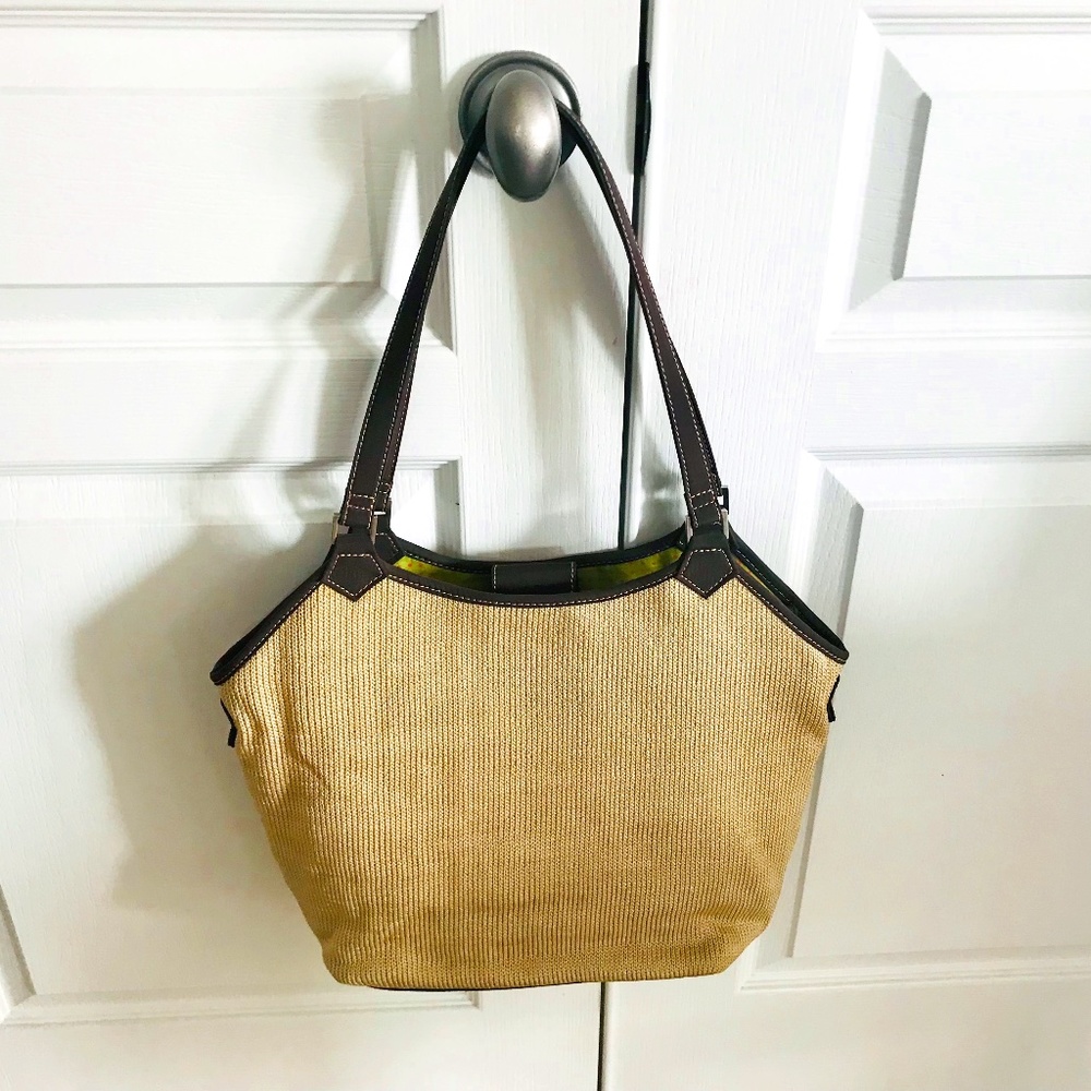 The Sak Tan Woven Crochet Tote - Lime & Red Dots Cotton Lining Brown Trim